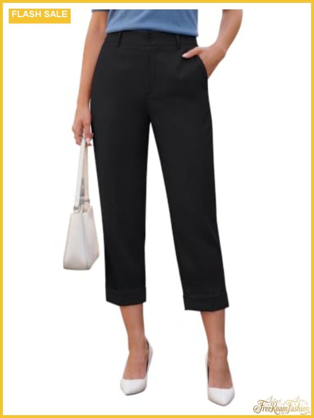 High Waist Cuffed Capri Work Pants Dressy Business Casual Slacks